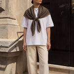 100% silk scarf inspired by Roman architecture and antique engraving, with hidden symbolism. Double-sided print, hand-rolled hem, 120cm x 120cm.