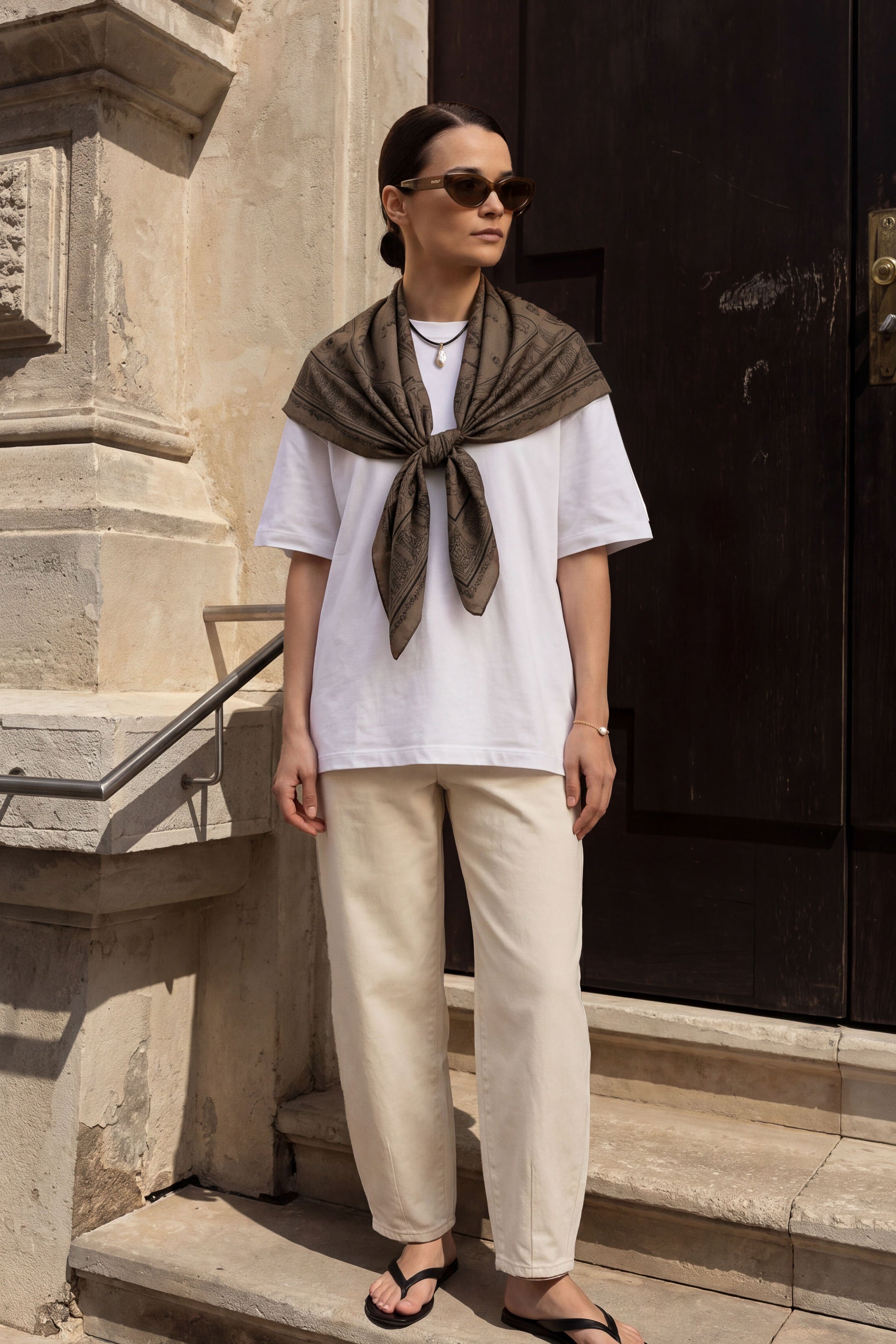100% silk scarf inspired by Roman architecture and antique engraving, with hidden symbolism. Double-sided print, hand-rolled hem, 120cm x 120cm.