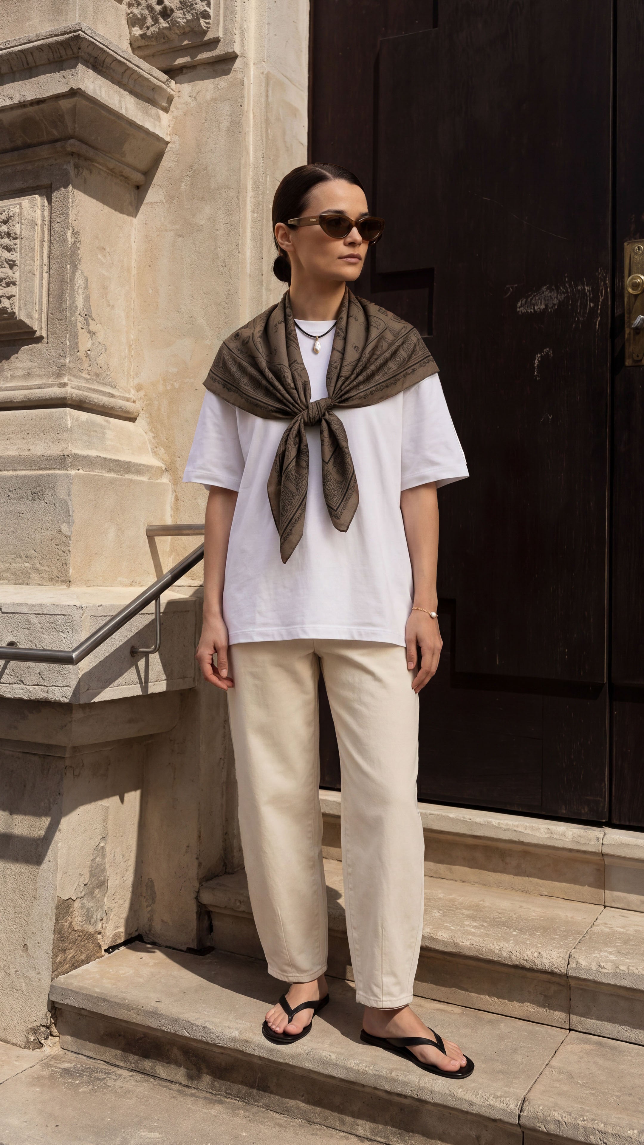 100% silk scarf inspired by Roman architecture and antique engraving, with hidden symbolism. Double-sided print, hand-rolled hem, 120cm x 120cm.