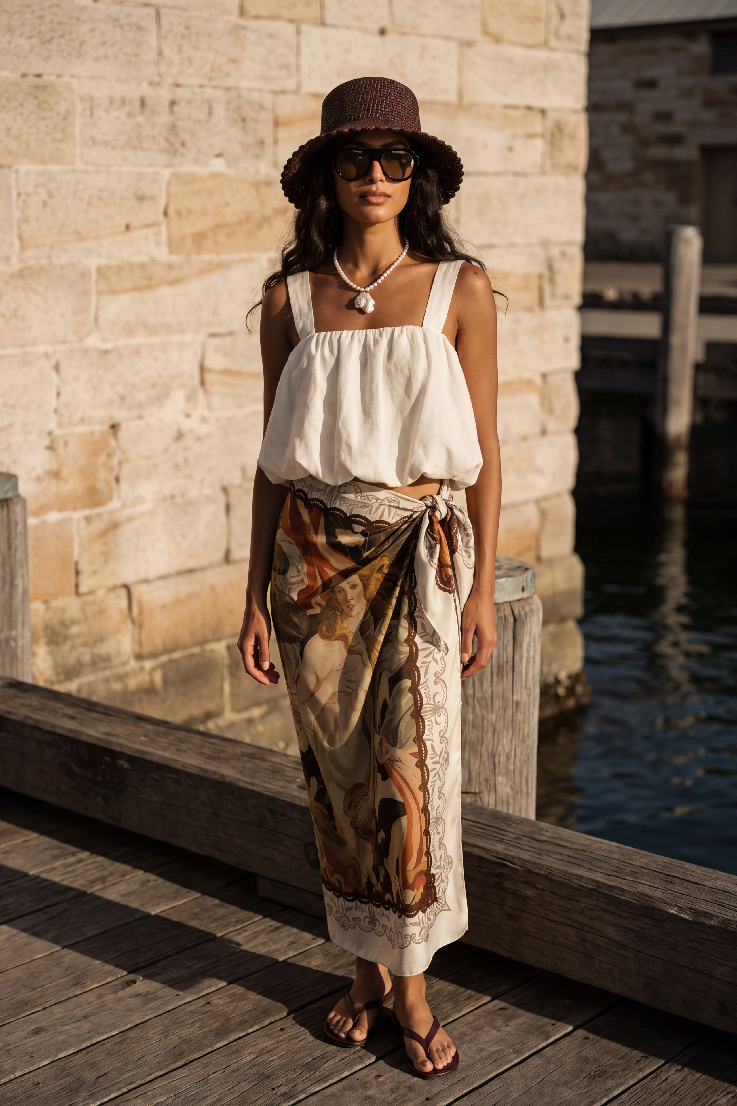 100% silk scarf inspired by Botticelli's Venus. Double-sided print, hand-rolled hem, 120cm x 120cm. Wear as a scarf, top, or wrap.